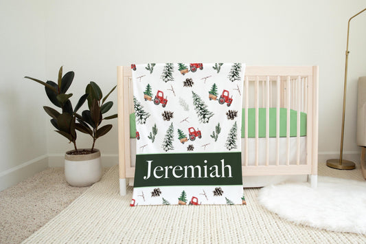 Personalized Tree Farm Tractor Christmas Baby Blanket, B60