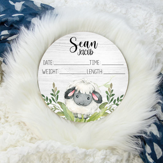 Sheep Round Wood Birth Stat Sign, Baby Boy C26