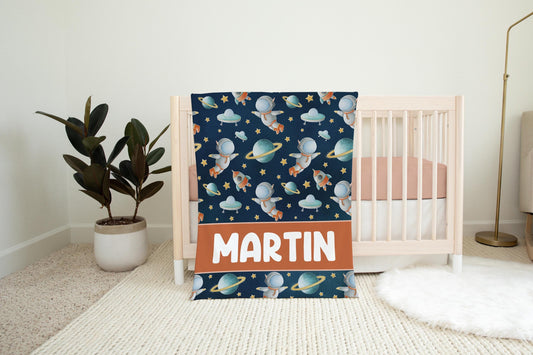 Astronaut and Rocket Blanket, Personalized Outer Space Baby Blanket, T41