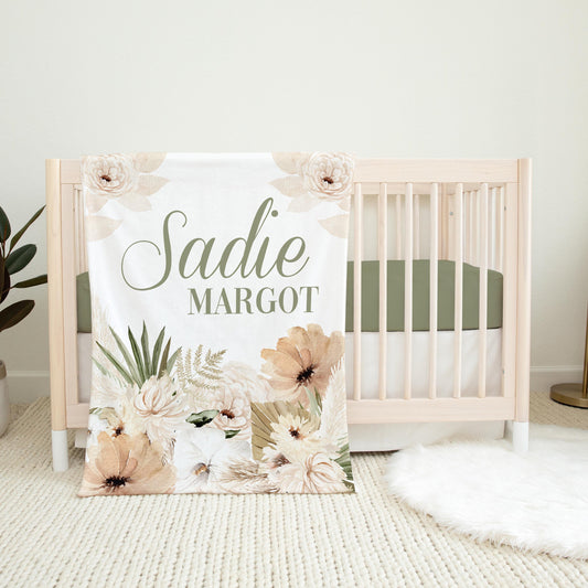 Floral Boho Pampas Grass Personalized Baby Blanket, F77