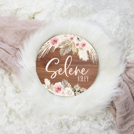 Boho Floral Pampas Grass Wood Baby Name Sign, F79