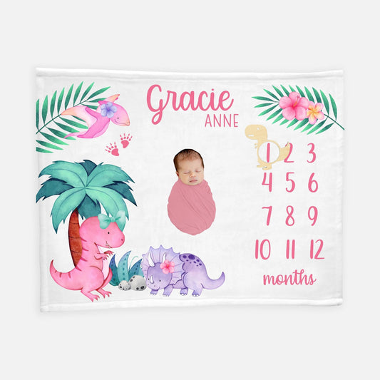 Girl Dinosaur Baby Milestone Blanket, B23