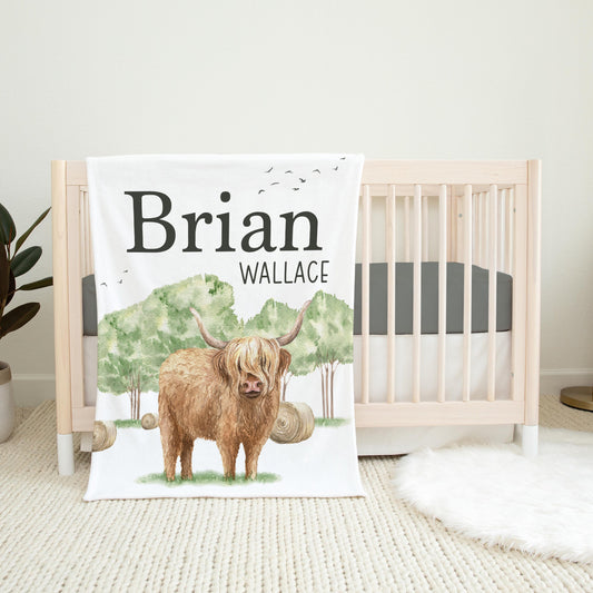 Boy Boho Highland Cow Personalized Baby Blanket, Farm Animal Theme, C27