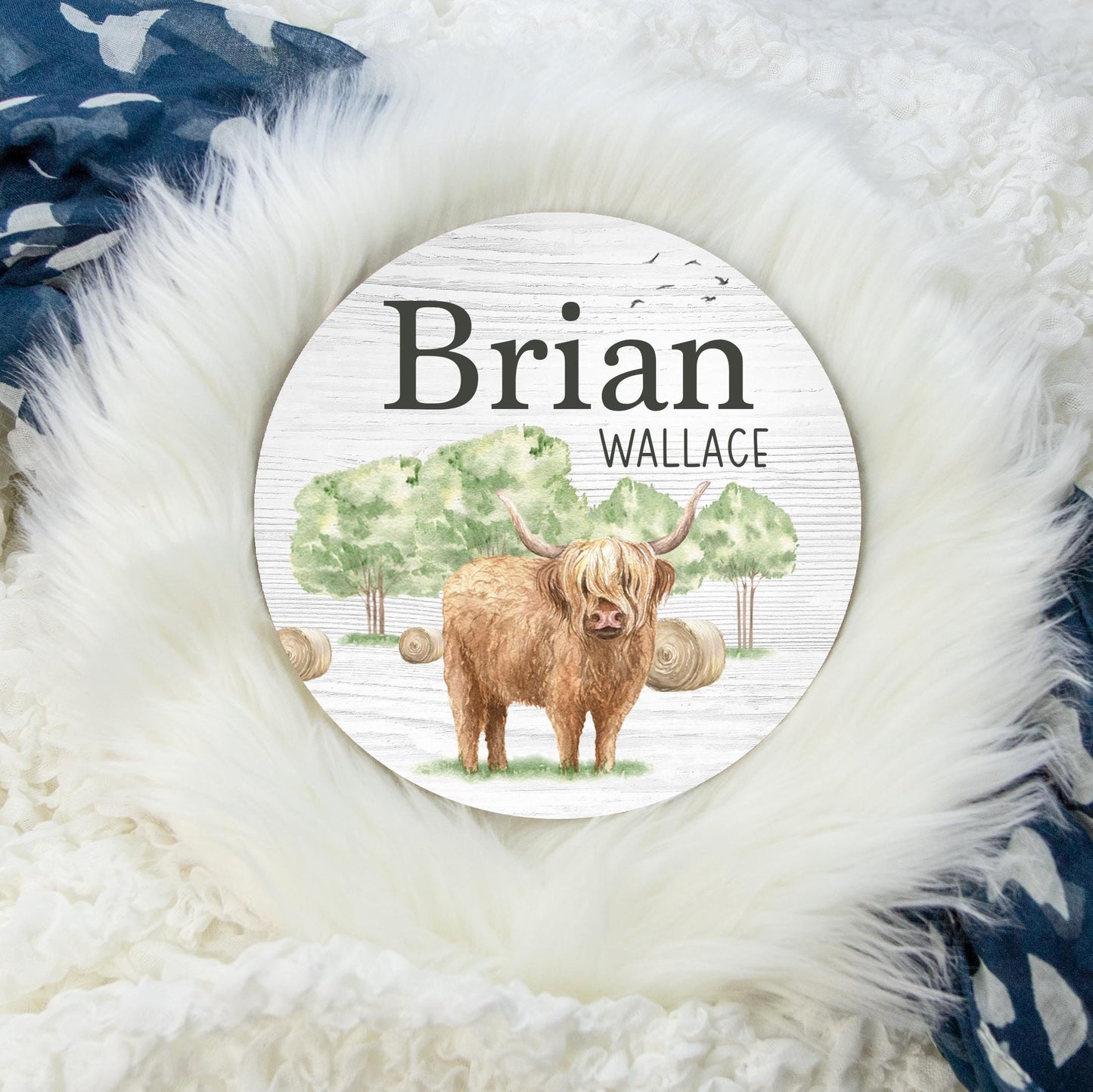 Highland Cow Round Wood Name Sign, C27