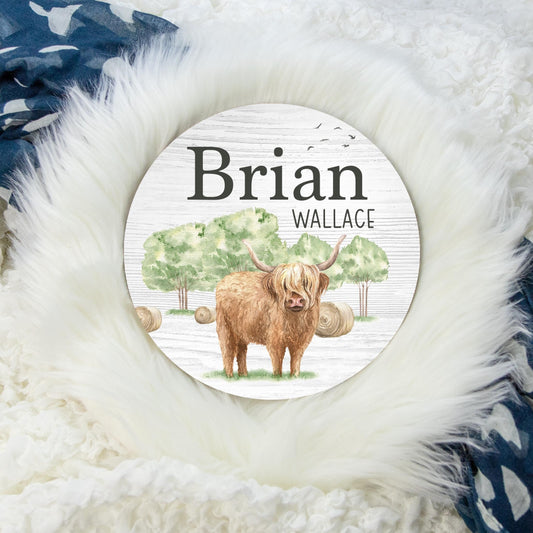 Highland Cow Round Wood Name Sign, C27