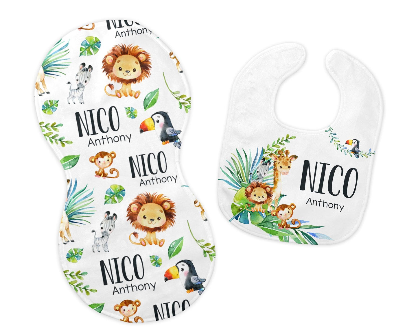 Safari Bib and Burp Cloth Set, Elephant Giraffe Lion Bib S3