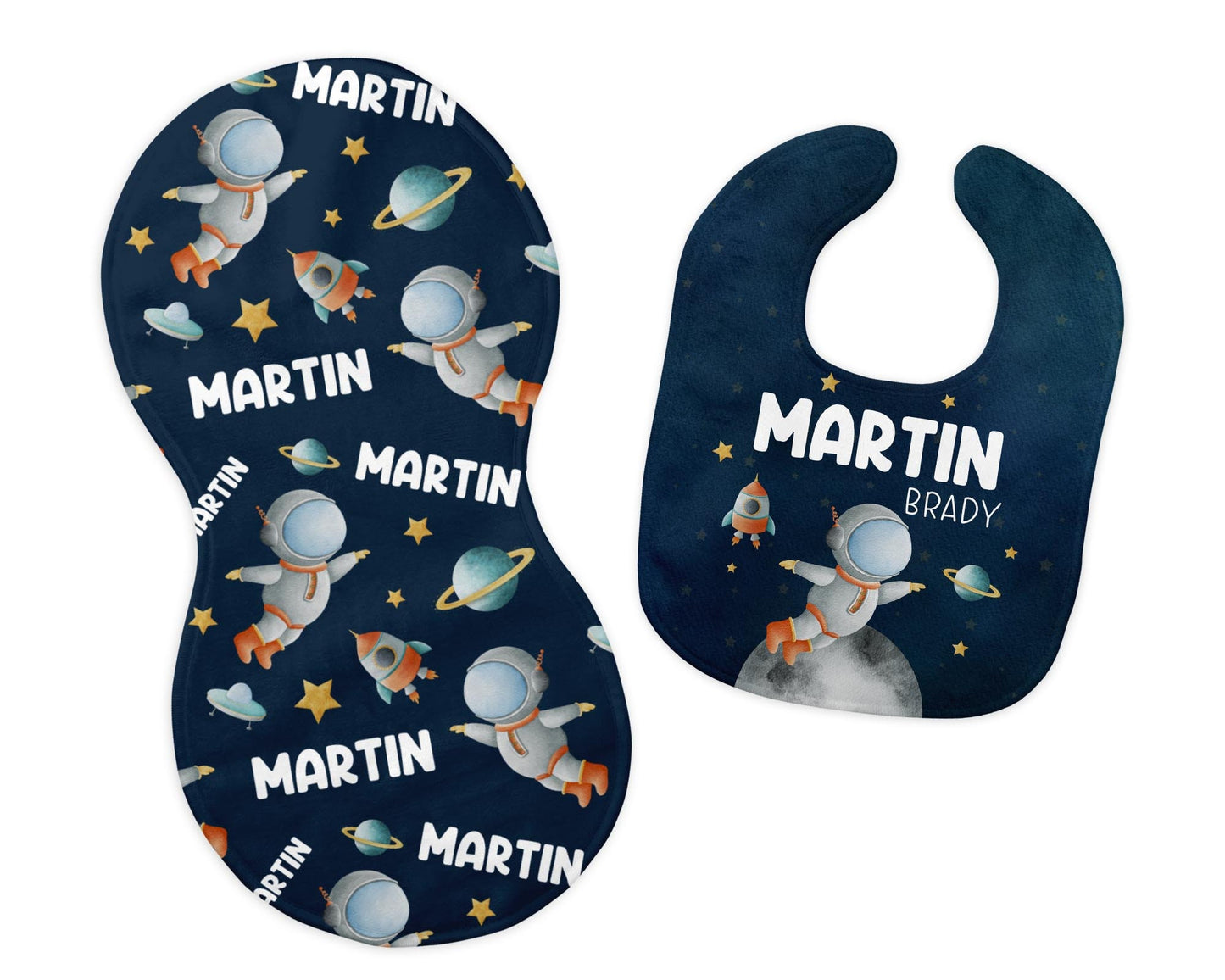 Boy Astronaut, Rockets, and Outer Space Bib and Burp Cloth Set, T41