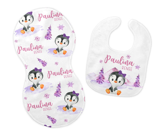 Girl Penguin Bib and Burp Cloth Set, O29