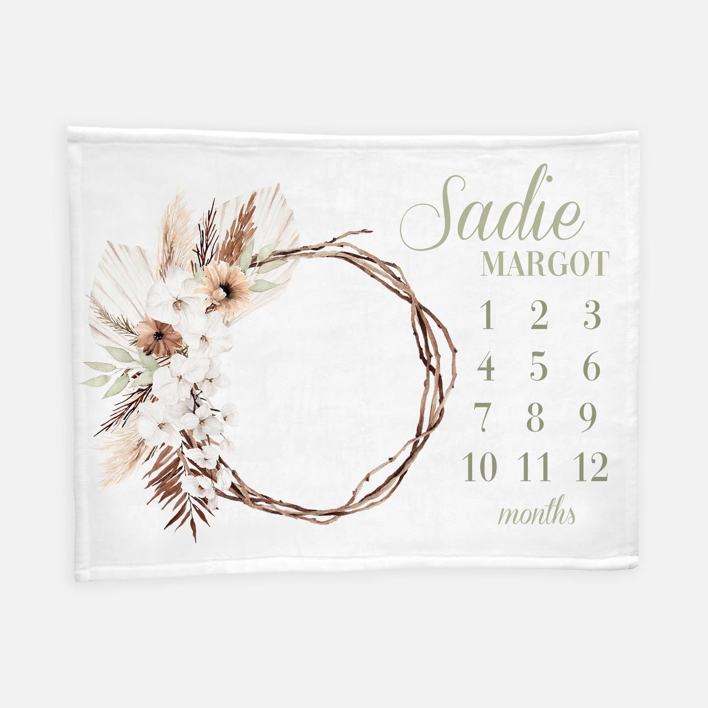 Sage Green Boho Floral Pampas Grass Milestone Blanket, F77