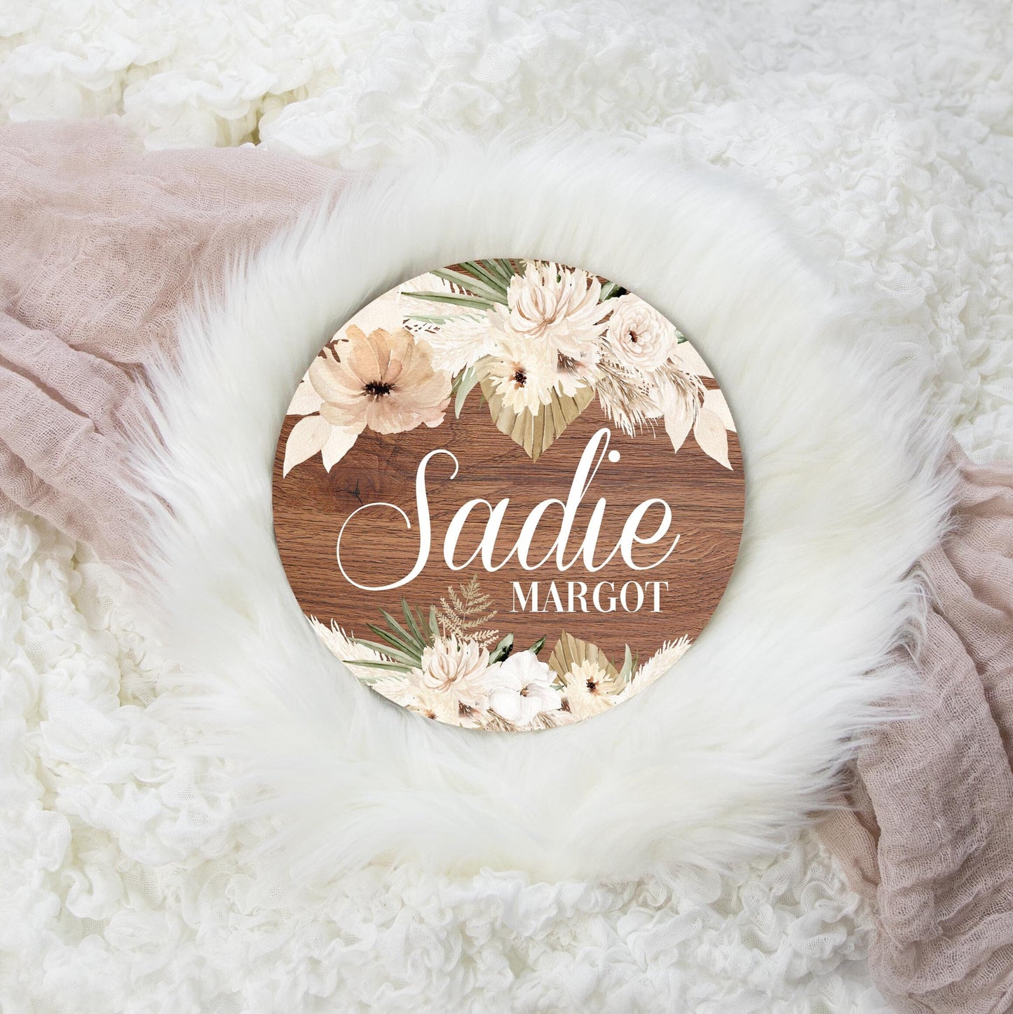 Boho Floral Pampas Grass Wood Baby Name Sign, F77