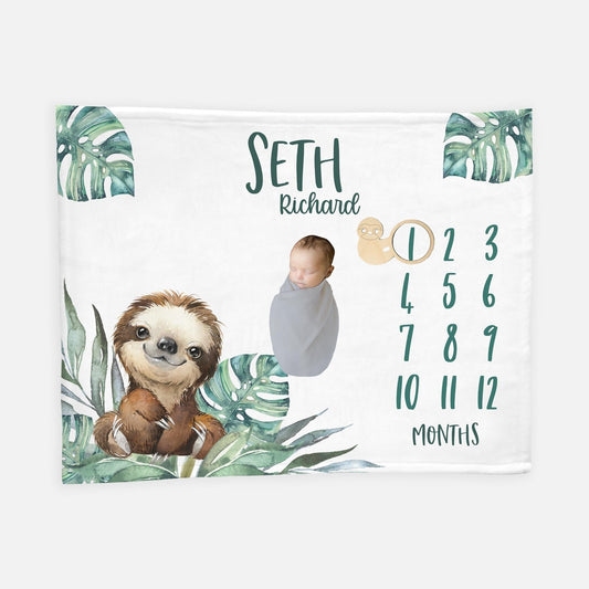 Sloth Baby Milestone Blanket, Boy Sloth Blanket S45