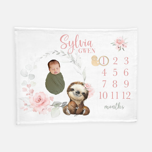 Sloth Baby Milestone Blanket, Girl Pink Roses S45