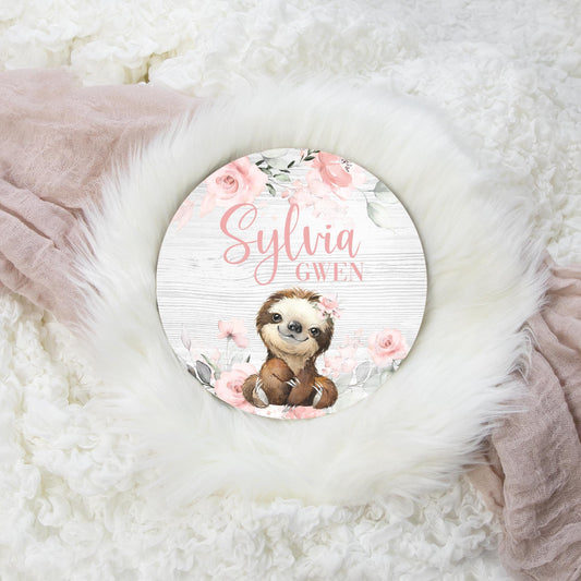 Girl Sloth Round Wood Name Sign, Pink Roses S45