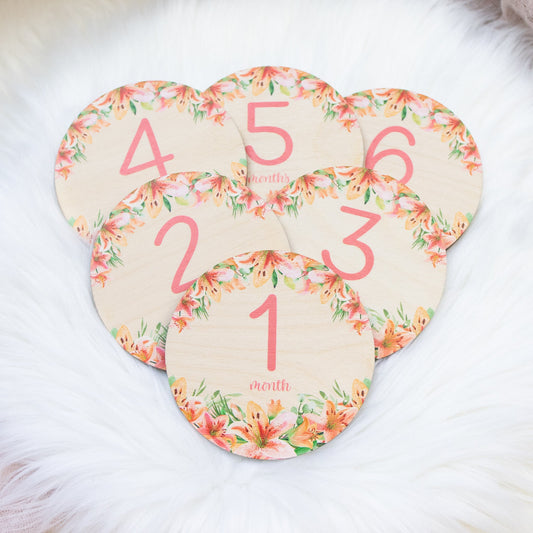 Lily Floral Wood Milestone Cards, Tiger Lily Boho F9