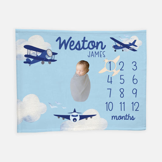 Airplane Baby Milestone Blanket, Planes and Clouds Milestone Boy Blanket, T52