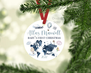 Adventure Awaits Baby First Christmas Ornament, World Map Baby Ornament T1