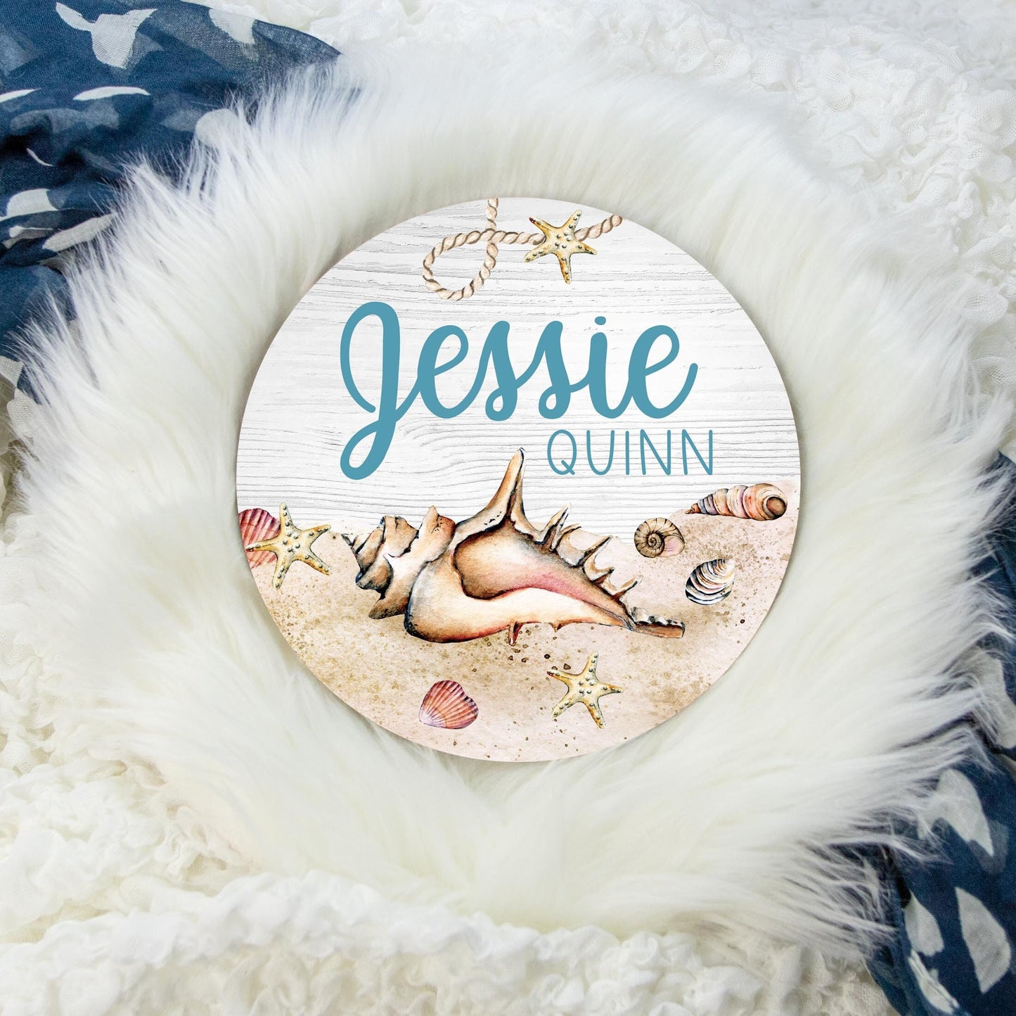 Seashell Beach Round Wood Name Sign, Seashell Sign O30