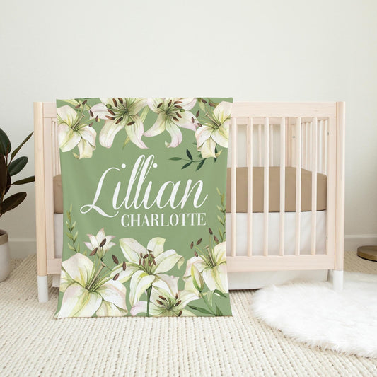 White Lily Baby Blanket, Girl Sage Floral Nursery F83