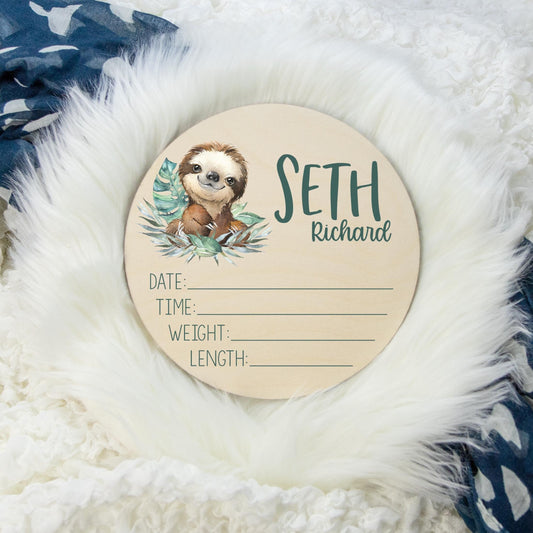 Sloth Round Wood Birth Stat Sign, S45