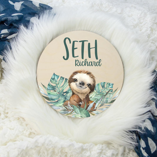 Sloth Round Wood Name Sign, S45