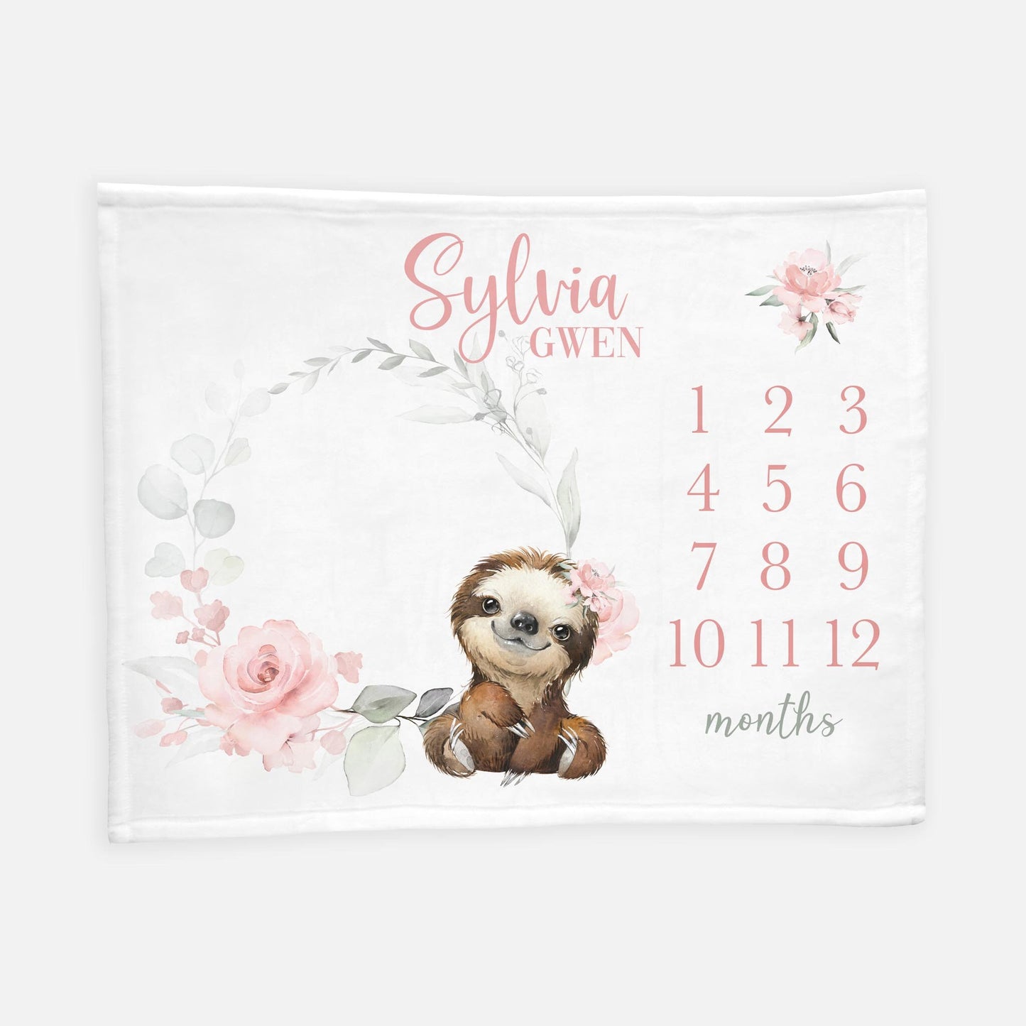 Sloth Baby Milestone Blanket, Girl Pink Roses S45