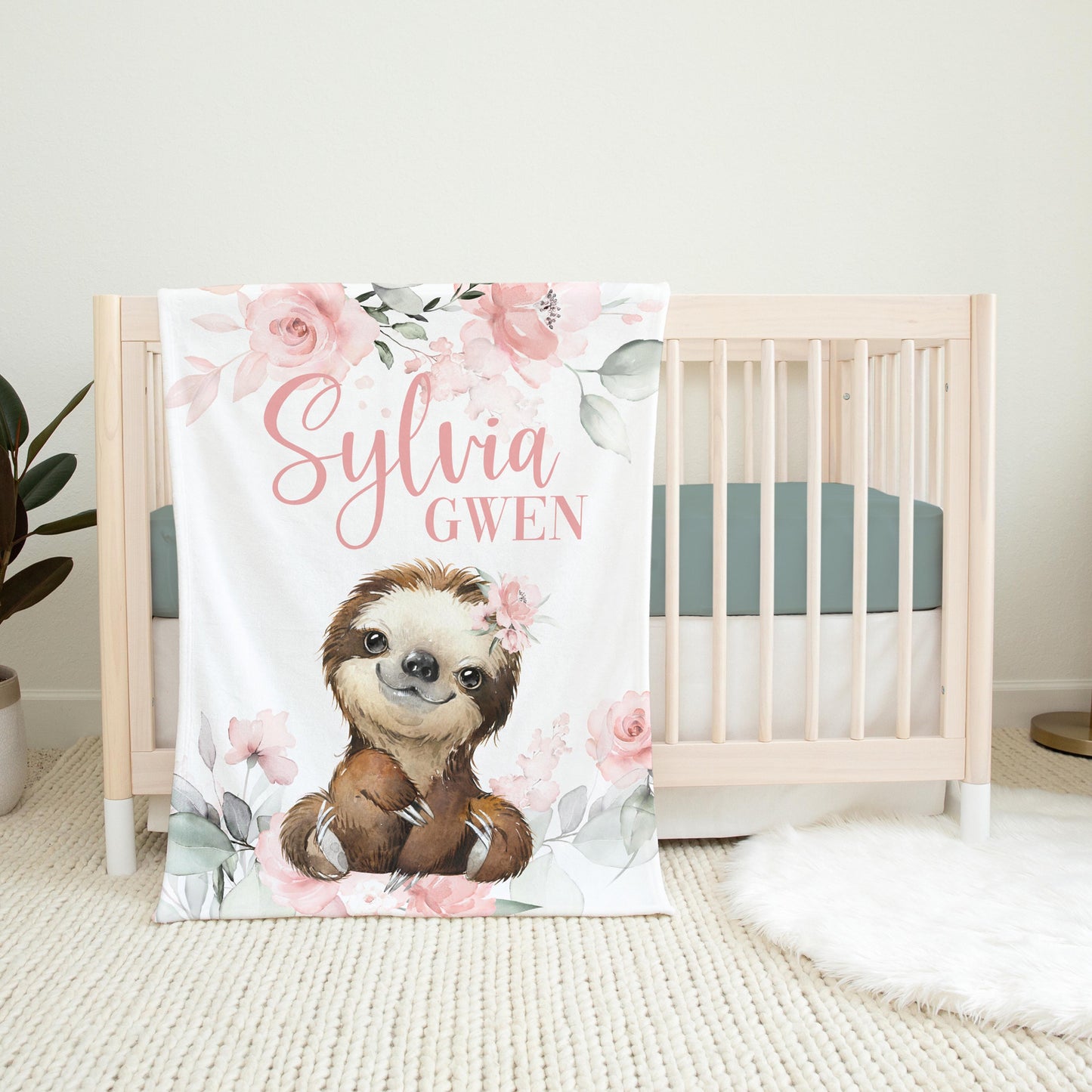 Girl Sloth Baby Blanket, Pink Roses S45