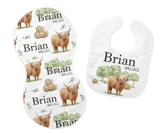 Highland Cow Bib and Burp Cloth Set, Girl C27