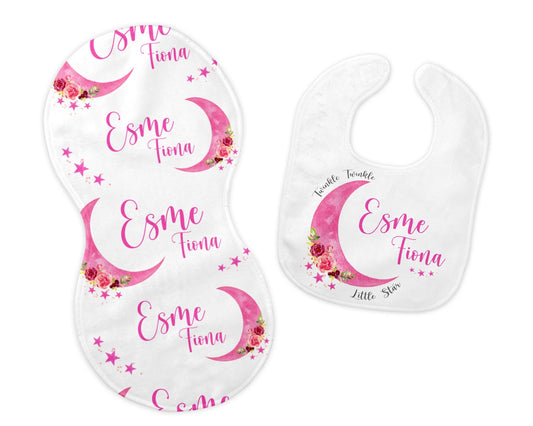 Pink Moon Bib and Burp Cloth Set, Luna T53