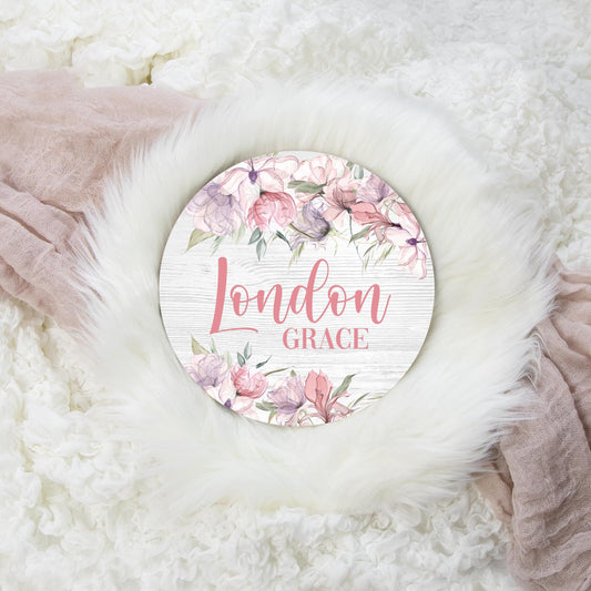 Blush Rose and Purple Floral Round Wood Name Sign, F88