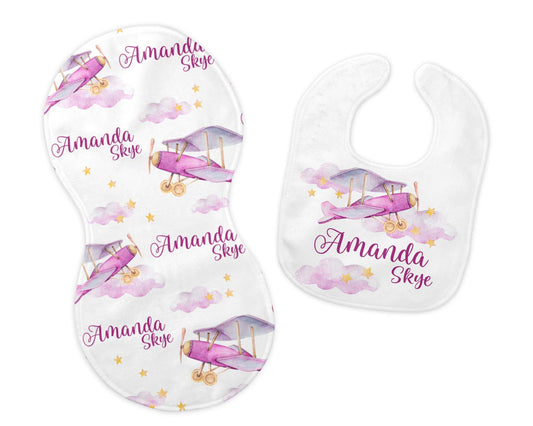 Girl Airplane Bib and Burp Cloth Set, T24