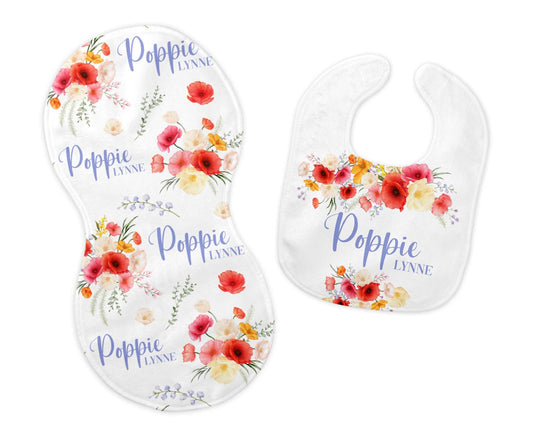 Poppy Flowers Bib and Burp Cloth Set, F80