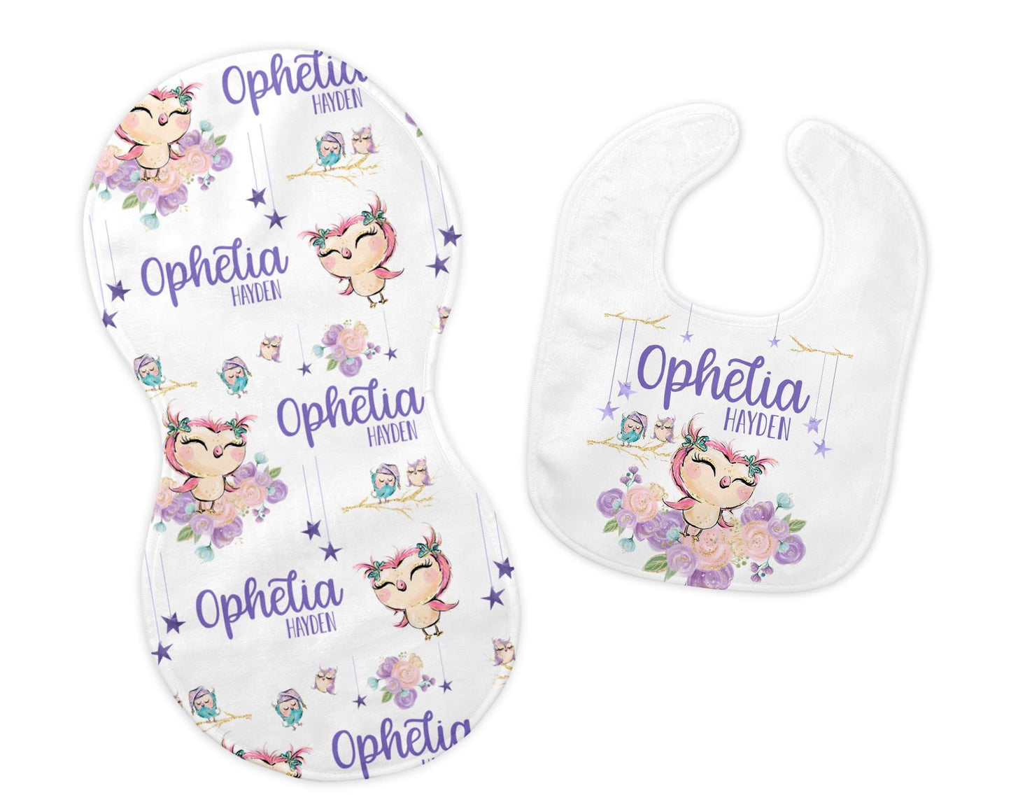 Girl Owl Bib and Burp Cloth Set, W20