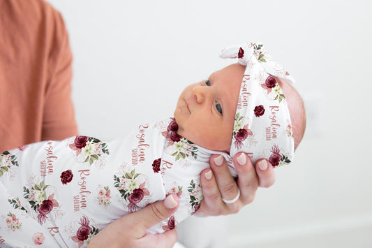 Burgundy Blush Roses Swaddle Set, F87