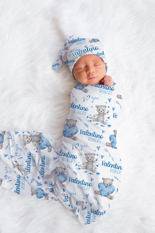 Bear Blue Hearts Swaddle Set, Valentine's Day