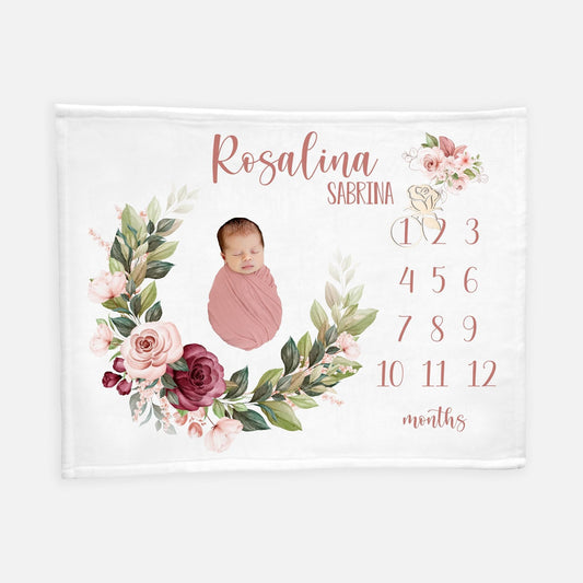 Burgundy and Pink Floral Baby Milestone Blanket, F87