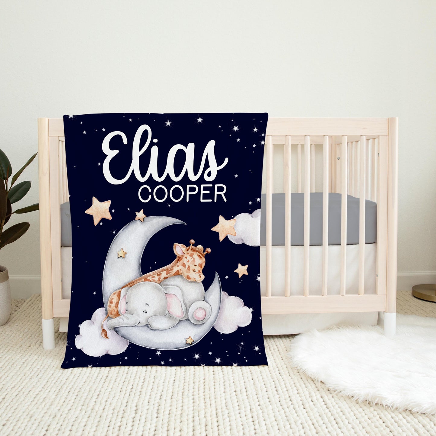 Safari Girafee and Elephant Baby Blanket, Personalized Moon and Stars Baby Blanket, S49