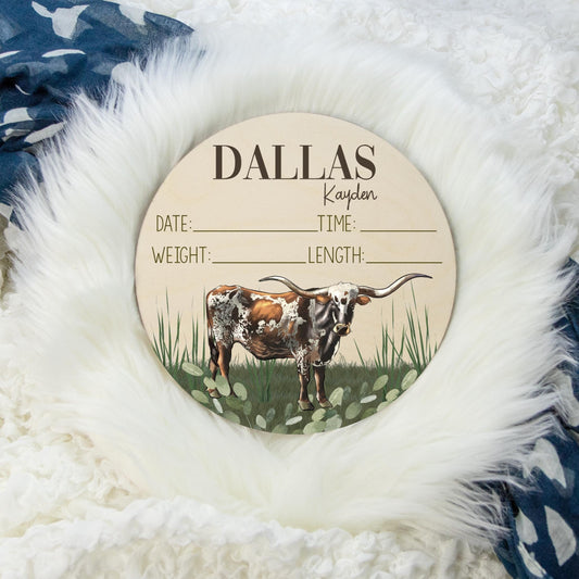 Longhorn Cow Round Wood Birth Stat Sign, C30