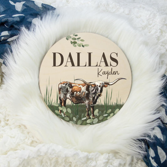 Longhorn Cow Round Wood Name Sign, C30