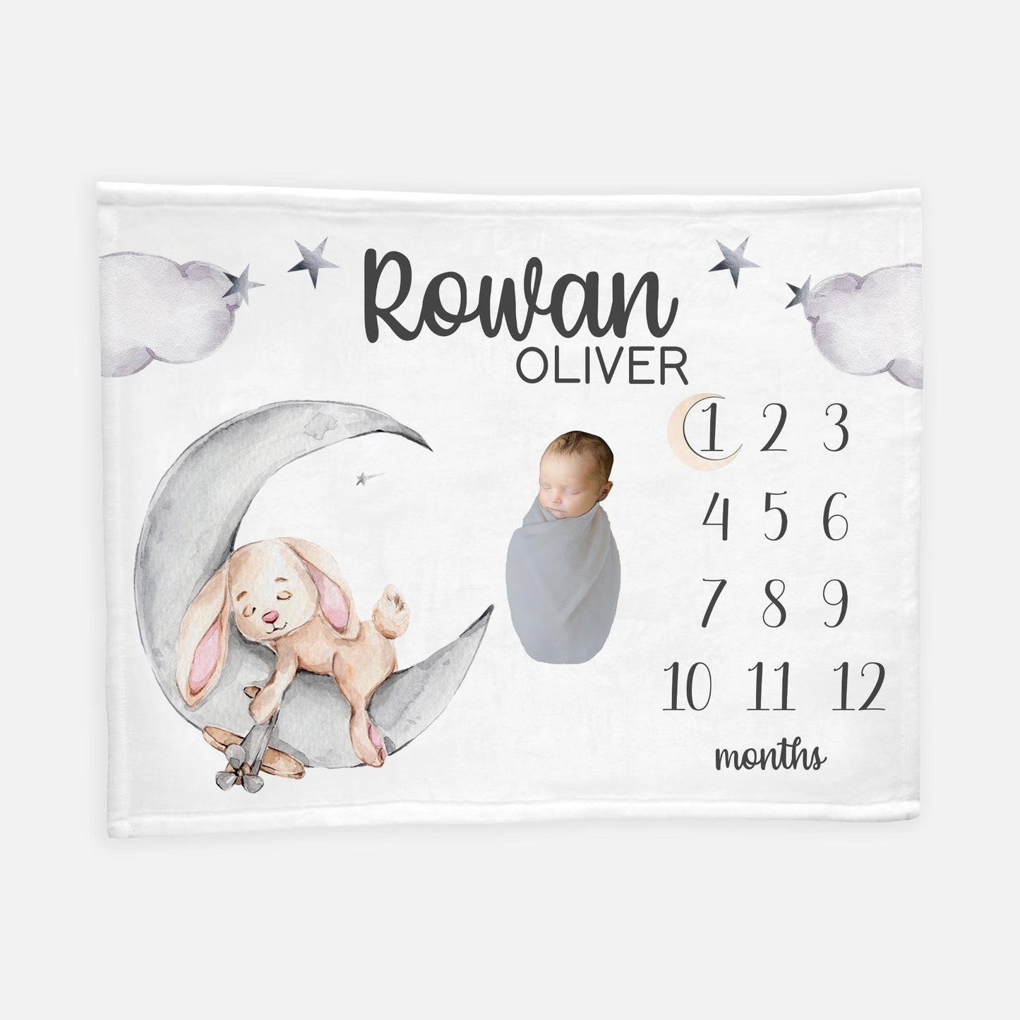 Rabbit Moon and Stars Baby Milestone Blanket, B56