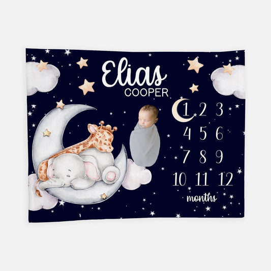 Safari Moon and Stars Baby Milestone Blanket, S49