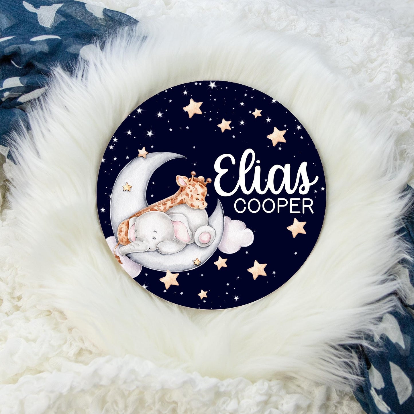 Safari Moon and Stars Round Wood Name Sign, Elephant and Giraffe S49