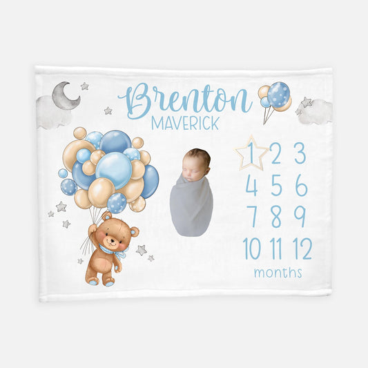 Boy Lullaby Bear Balloon Baby Milestone Blanket, T57