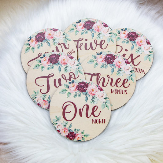 Burgundy Blush Floral Milestone Wood Cards, F25