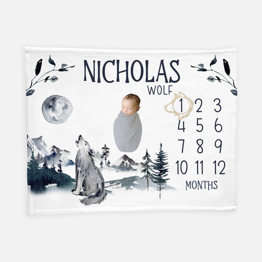 Mountain Wolf Baby Milestone Blanket, Forest Boy M25