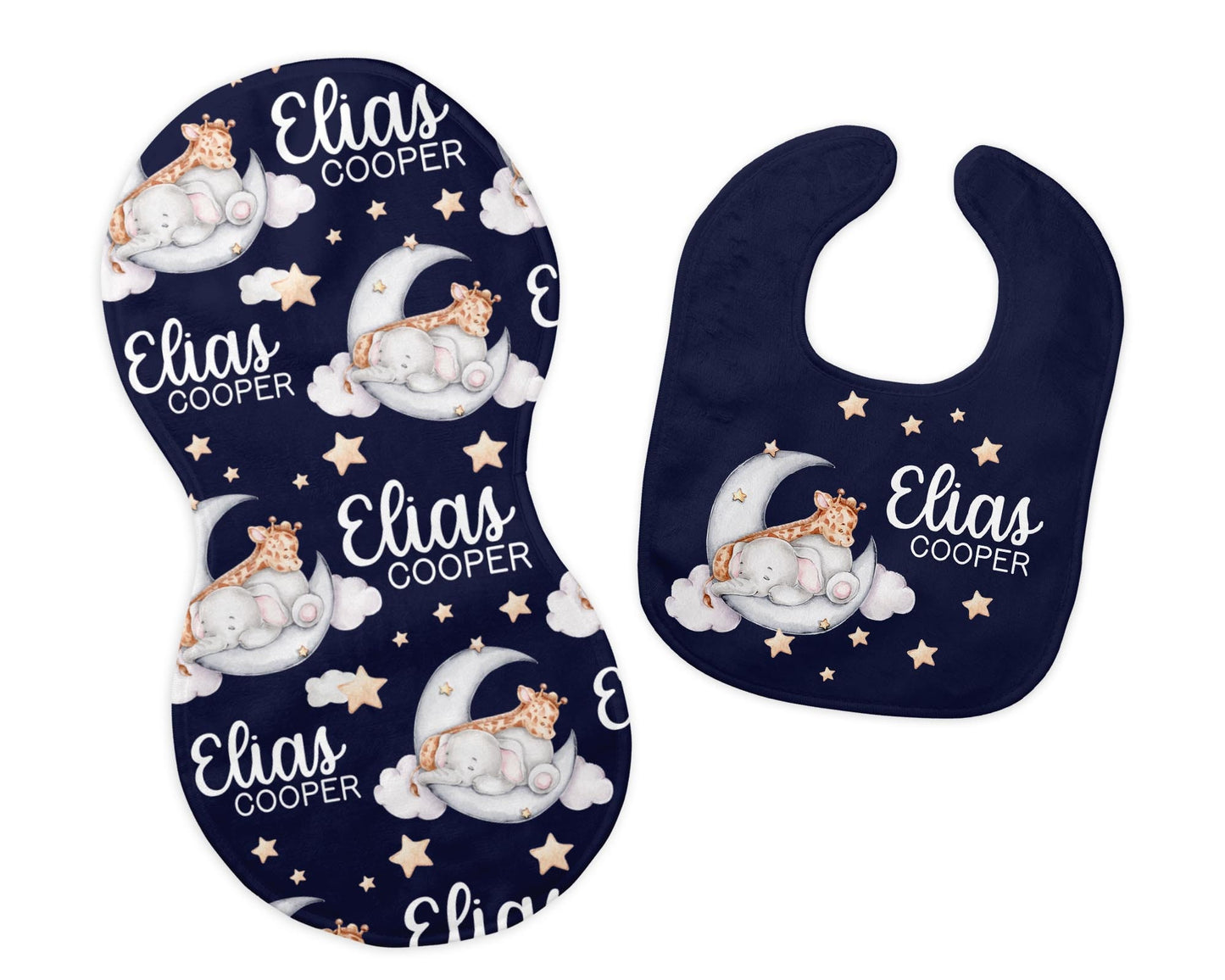 Safari Bib and Burp Cloth Set, Elephant Giraffe Moon Bib S49