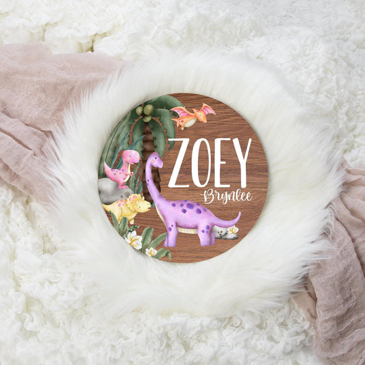 Girl Dinosaur Round Wood Name Sign, G43