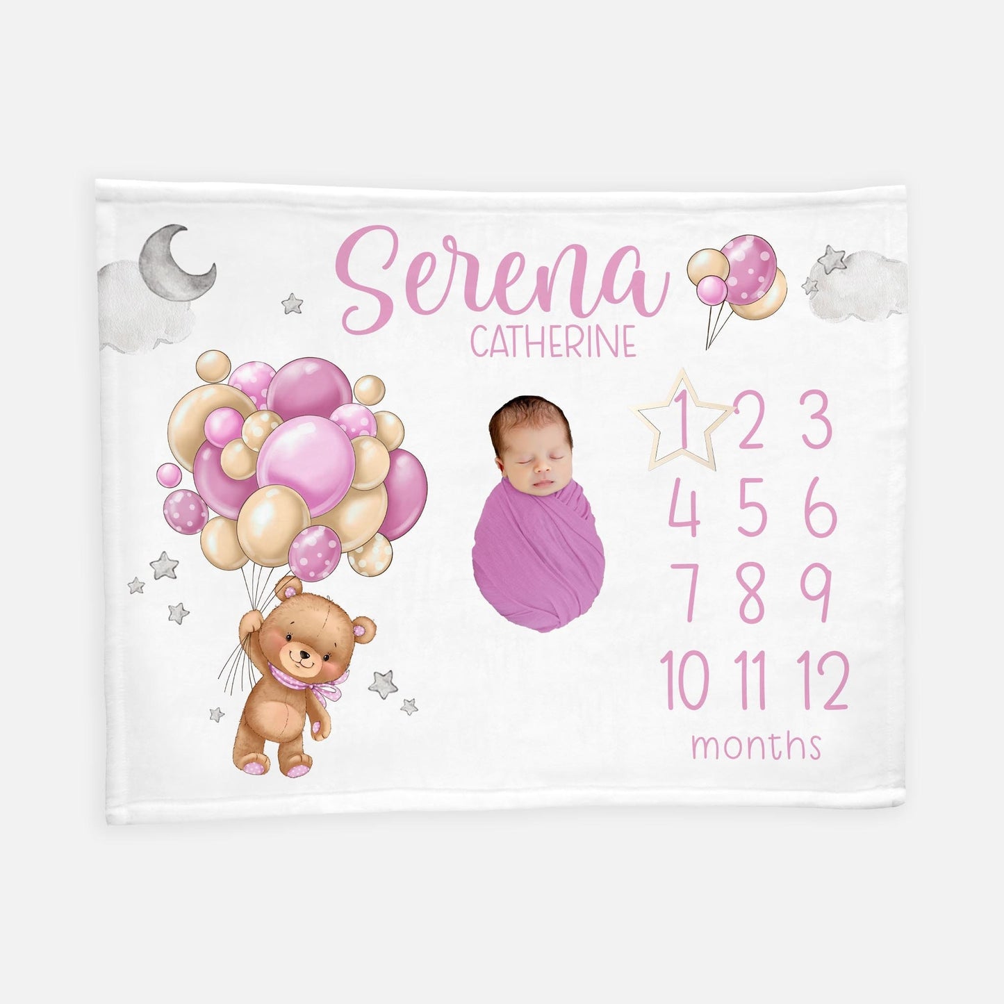 Girl Bear Balloon Baby Milestone Blanket, T57