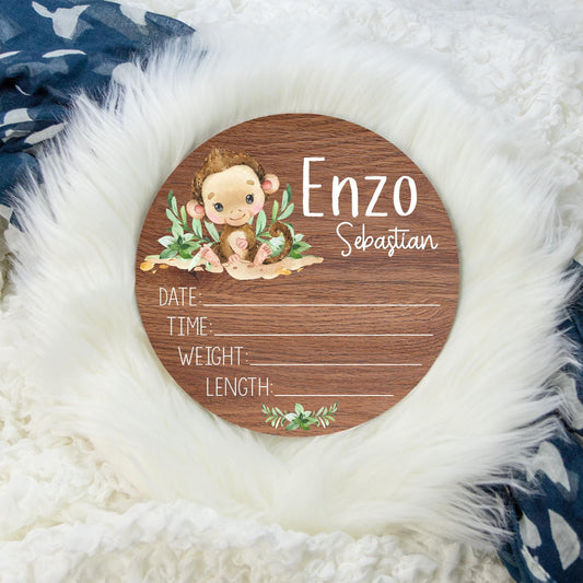 Monkey Round Wood Birth Stat Sign, Safari S50
