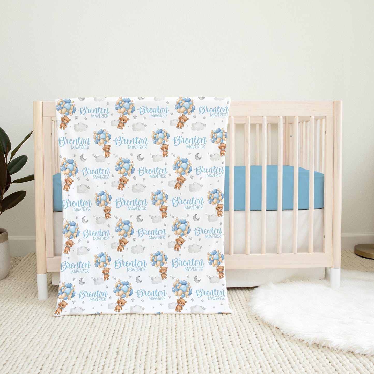 Boy Bear Balloon Swaddle, Personalized Bear and Stars Baby Blanket, T57