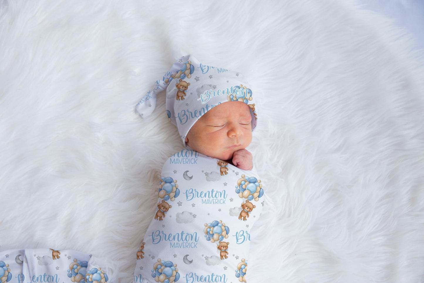 Boy Bear Balloon Swaddle, Personalized Bear and Stars Baby Blanket, T57